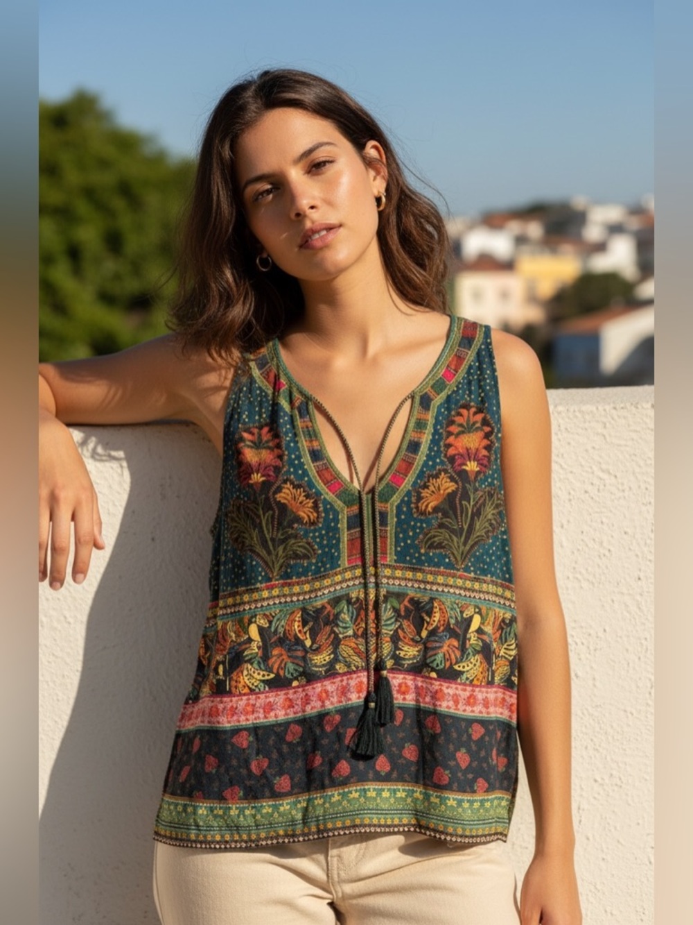 NWOT FARM Rio Beauty Patch Tank Top Blouse Summer Tropical Brazil Boho, Sz Large